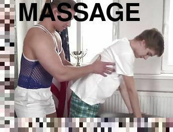 Young twink with massage jerks off creamy load
