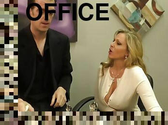 Stocking HJ domina jerks off hard cock in office until cumshot